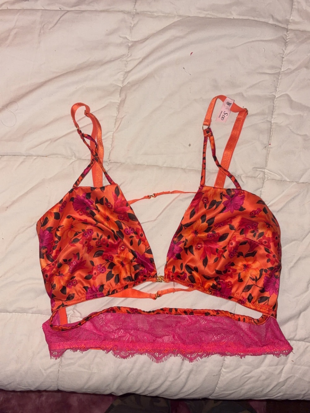 Victoria's Secret Orange Floral Satin Bralette with Pink Lace